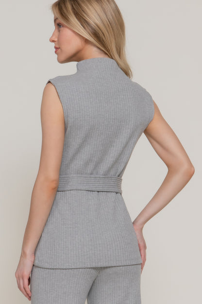 Sleeveless Mock Neck Waist Belt Rib Knit Top         