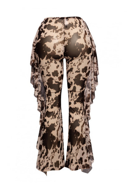 Side Ruffle Detailed Printed Mesh Pants      