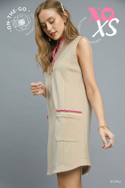 Luxeknit Sleeveless Ruffle Trim Pocket Dress        