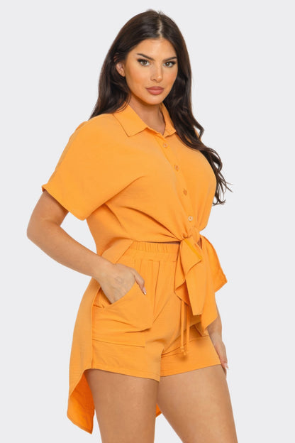 Front Tie Back Oversized Slit Top And Shorts Set       