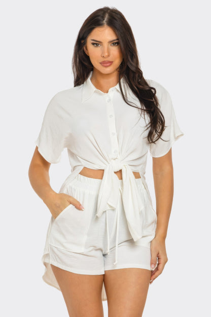 Front Tie Back Oversized Slit Top And Shorts Set       
