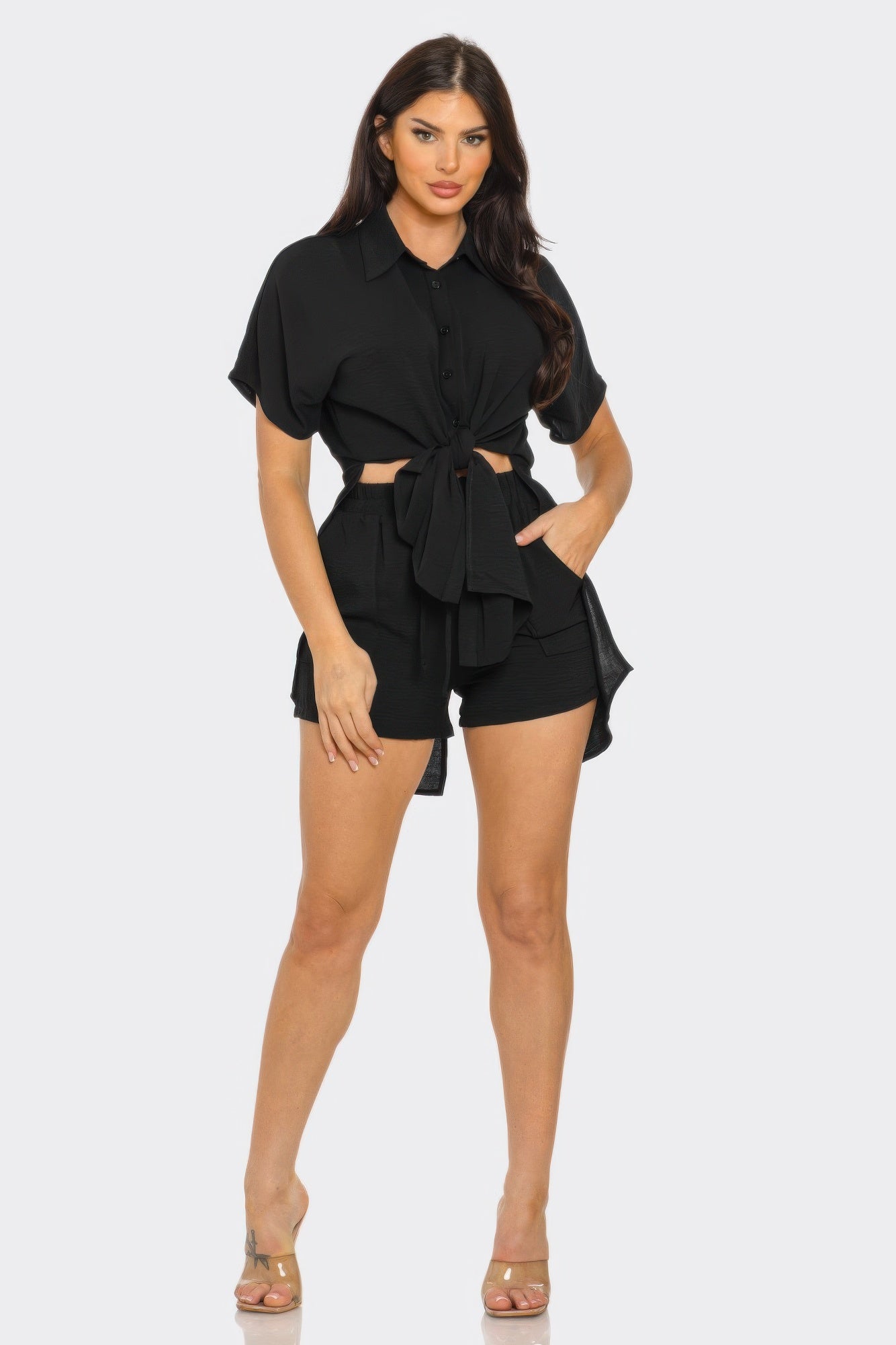 Front Tie Back Oversized Slit Top And Shorts Set       