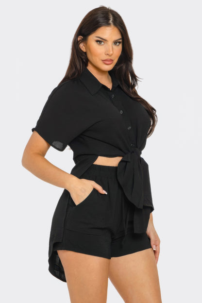 Front Tie Back Oversized Slit Top And Shorts Set       