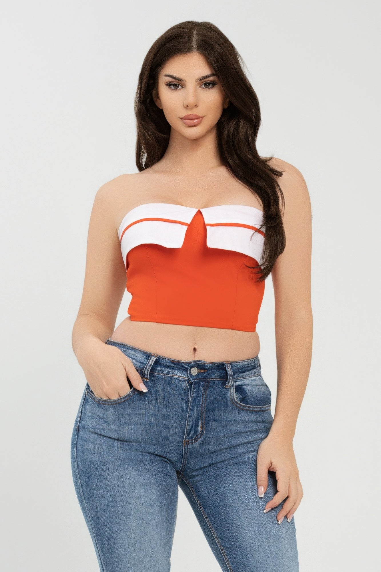Front Fold-over Color Contrast Tube Top     