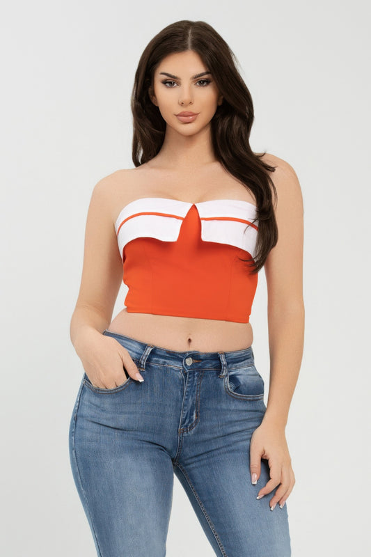 Front Fold-over Color Contrast Tube Top     