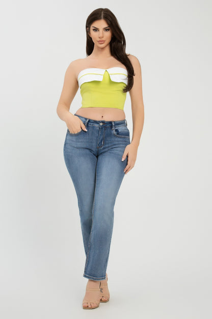 Front Fold-over Color Contrast Tube Top     