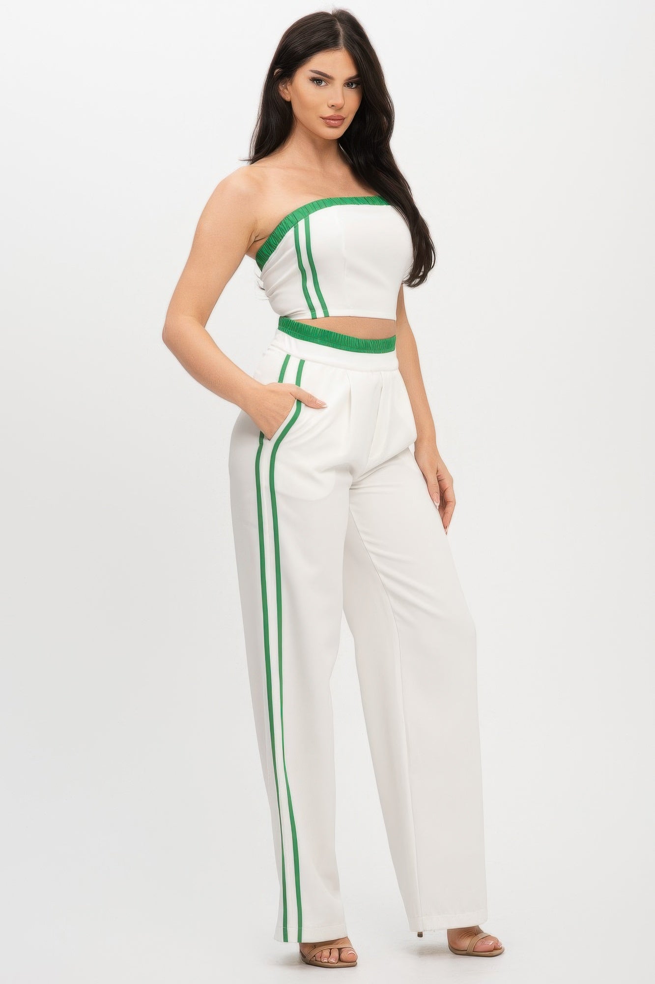 Stripe Tapping Contrast Elastic Band Toppants Set    