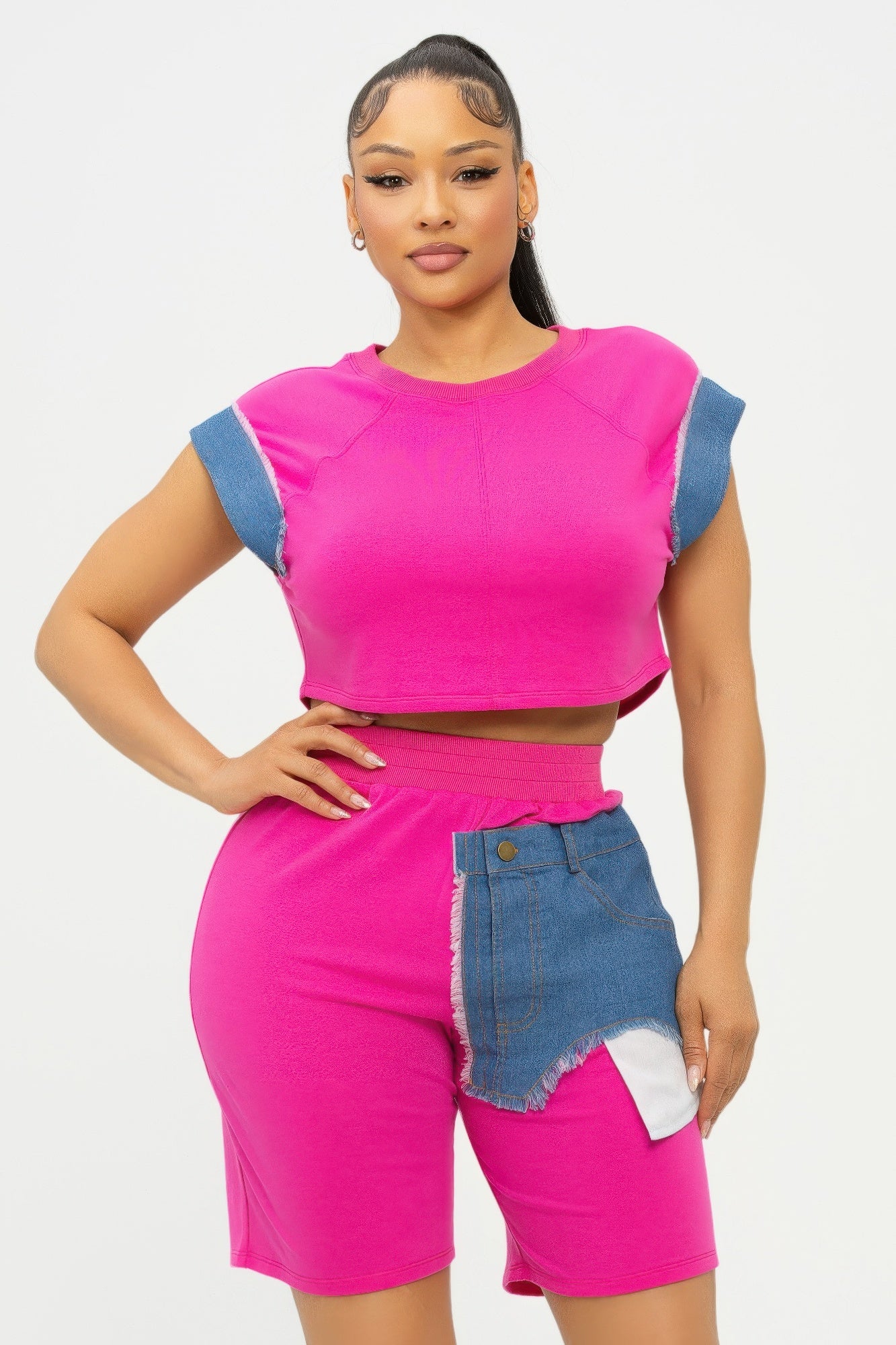 Color Block Denim Sleeve Top And Biker Shorts Set        