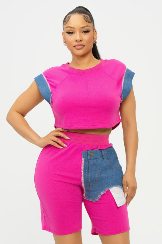 Color Block Denim Sleeve Top And Biker Shorts Set        