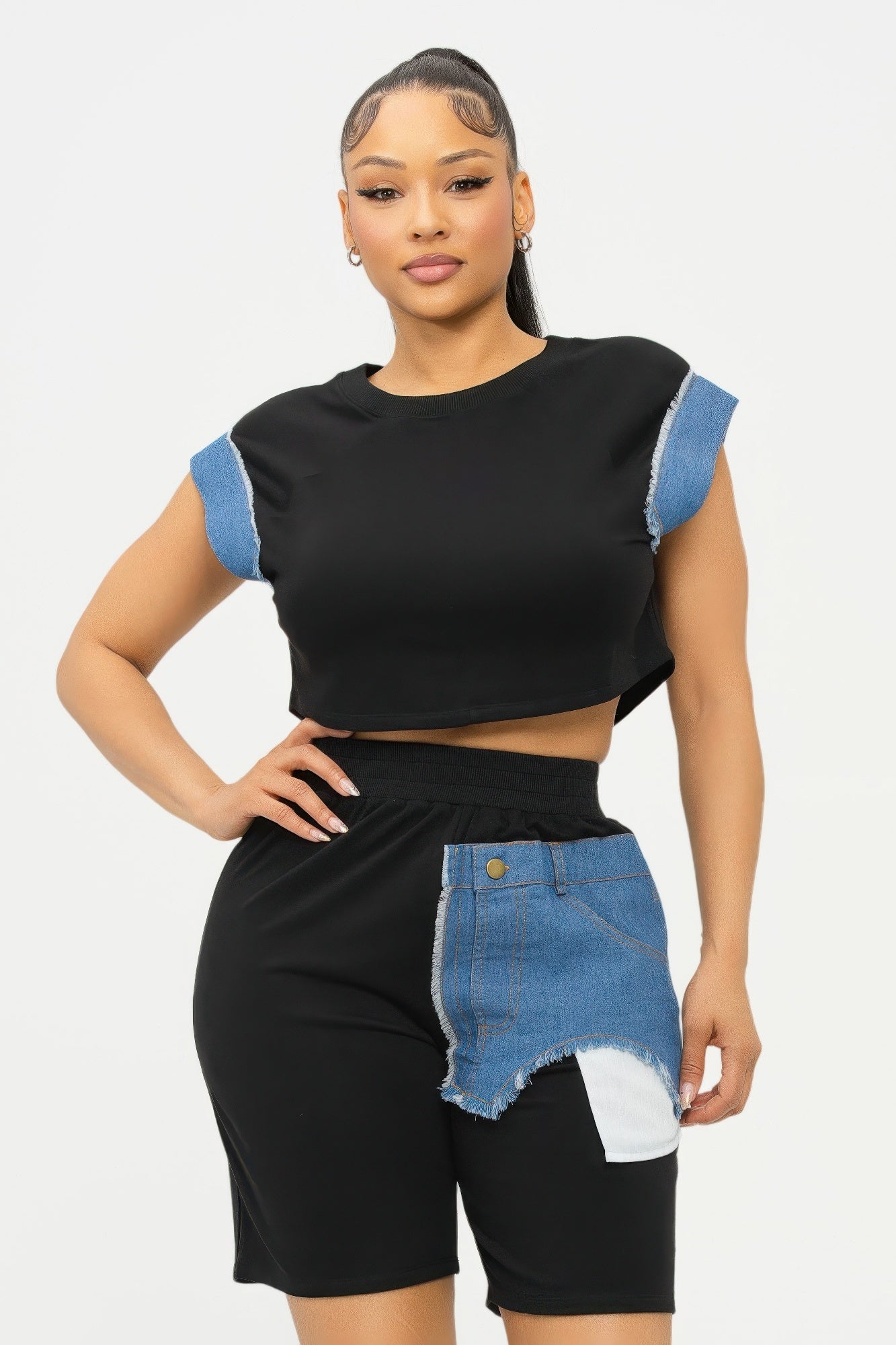 Color Block Denim Sleeve Top And Biker Shorts Set        