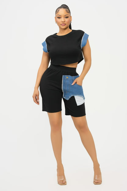 Color Block Denim Sleeve Top And Biker Shorts Set        