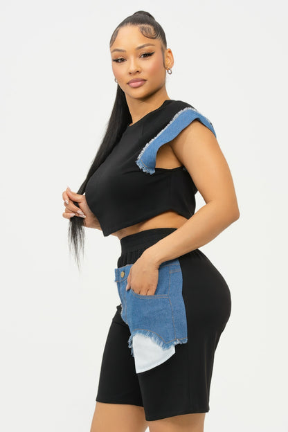 Color Block Denim Sleeve Top And Biker Shorts Set        