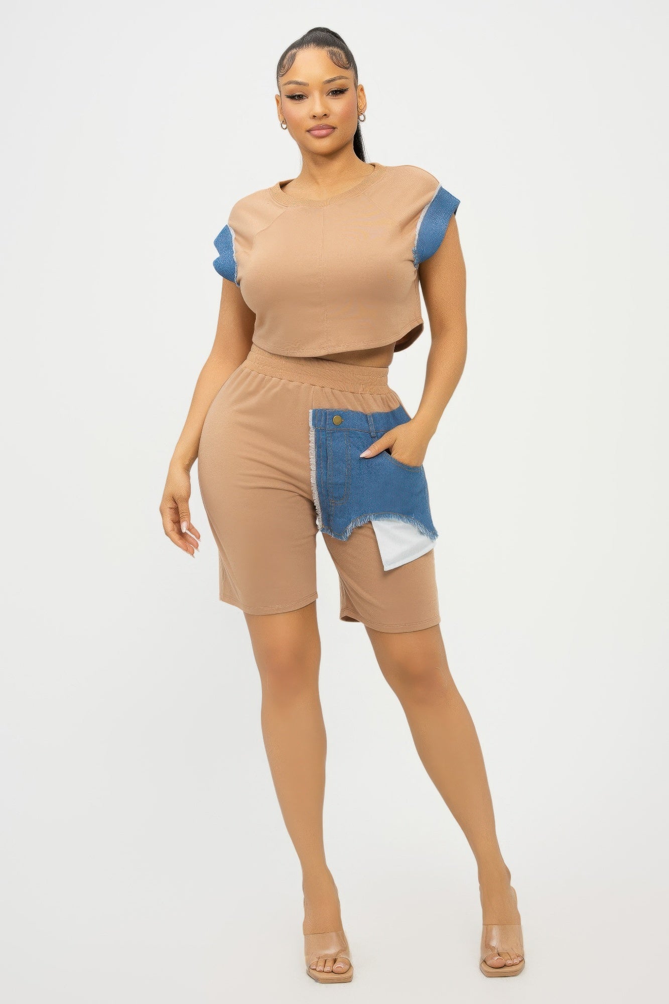 Color Block Denim Sleeve Top And Biker Shorts Set        