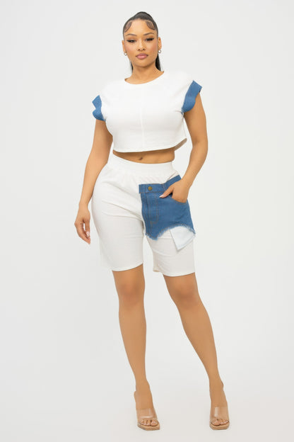 Color Block Denim Sleeve Top And Biker Shorts Set        