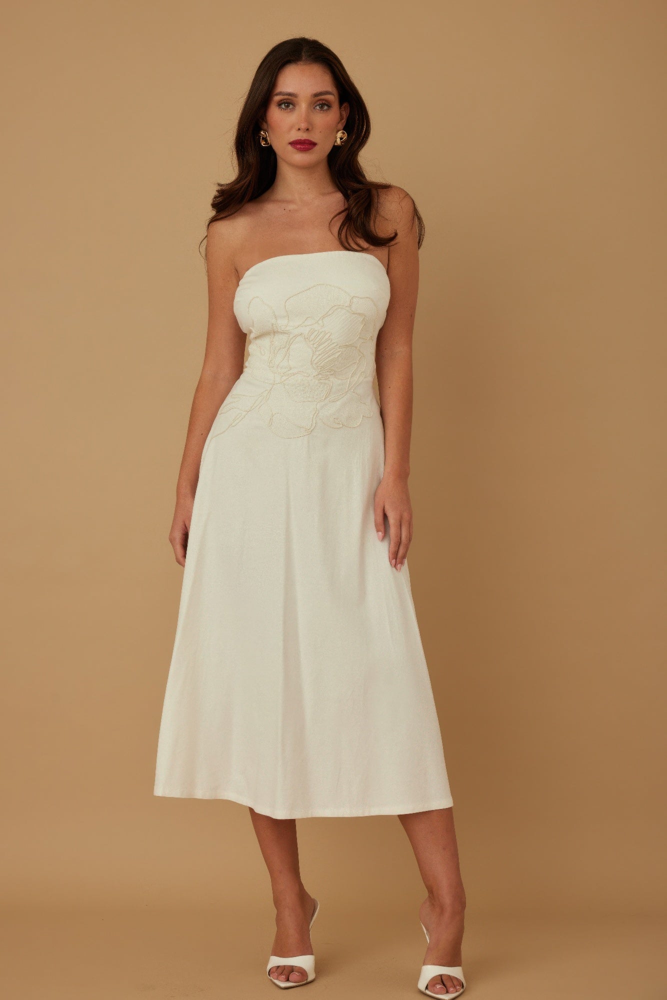 Flower Lining Linen Pattern Strapless Dress           