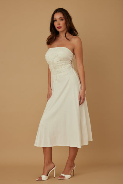 Flower Lining Linen Pattern Strapless Dress           