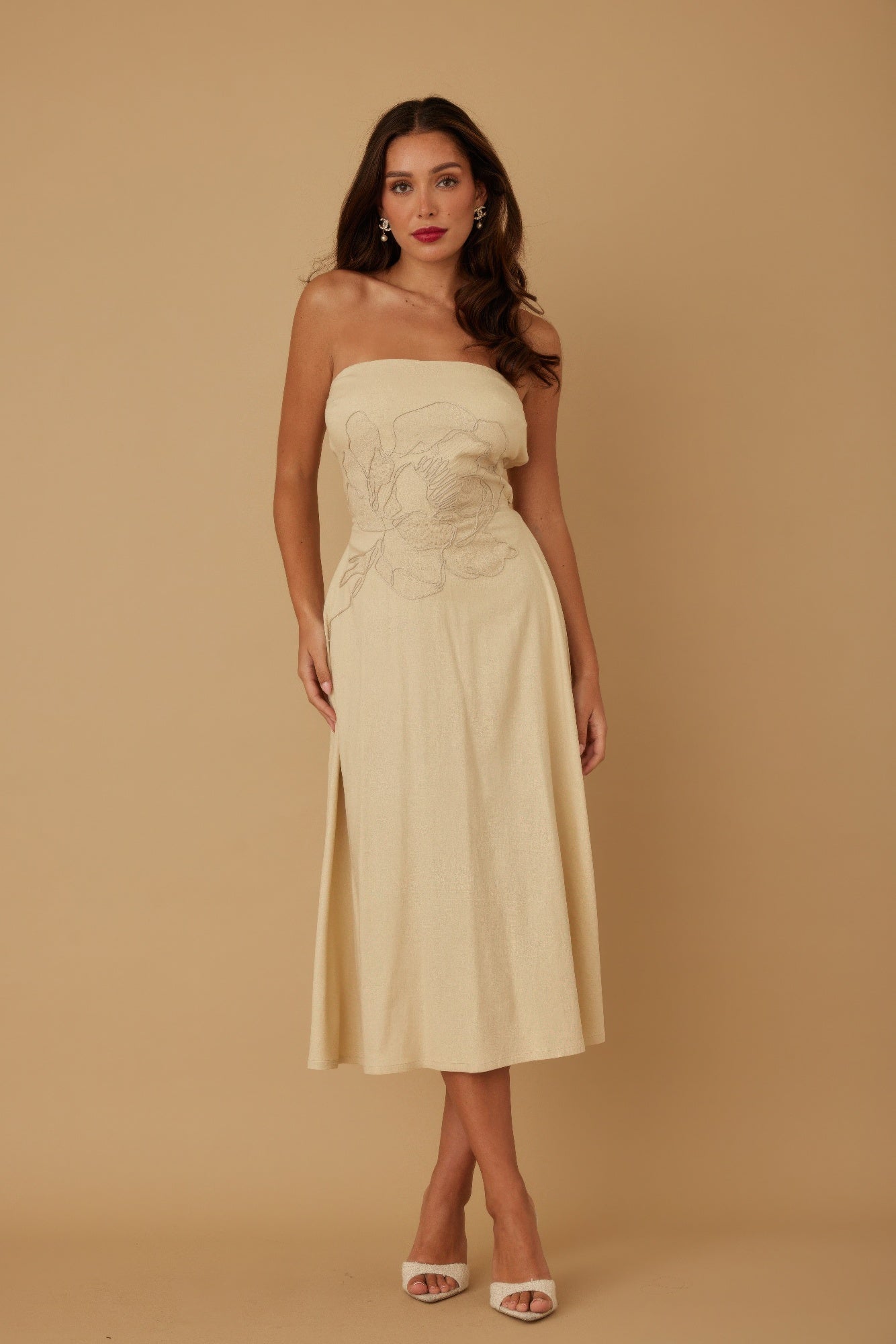 Flower Lining Linen Pattern Strapless Dress           