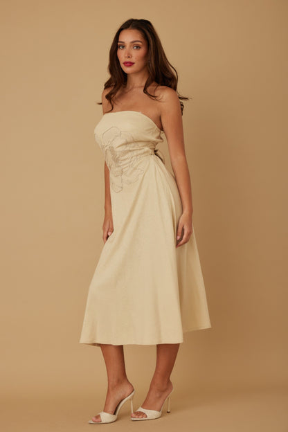 Flower Lining Linen Pattern Strapless Dress           
