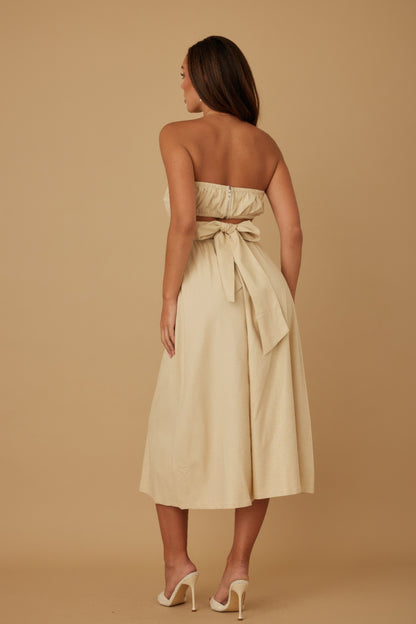 Flower Lining Linen Pattern Strapless Dress           