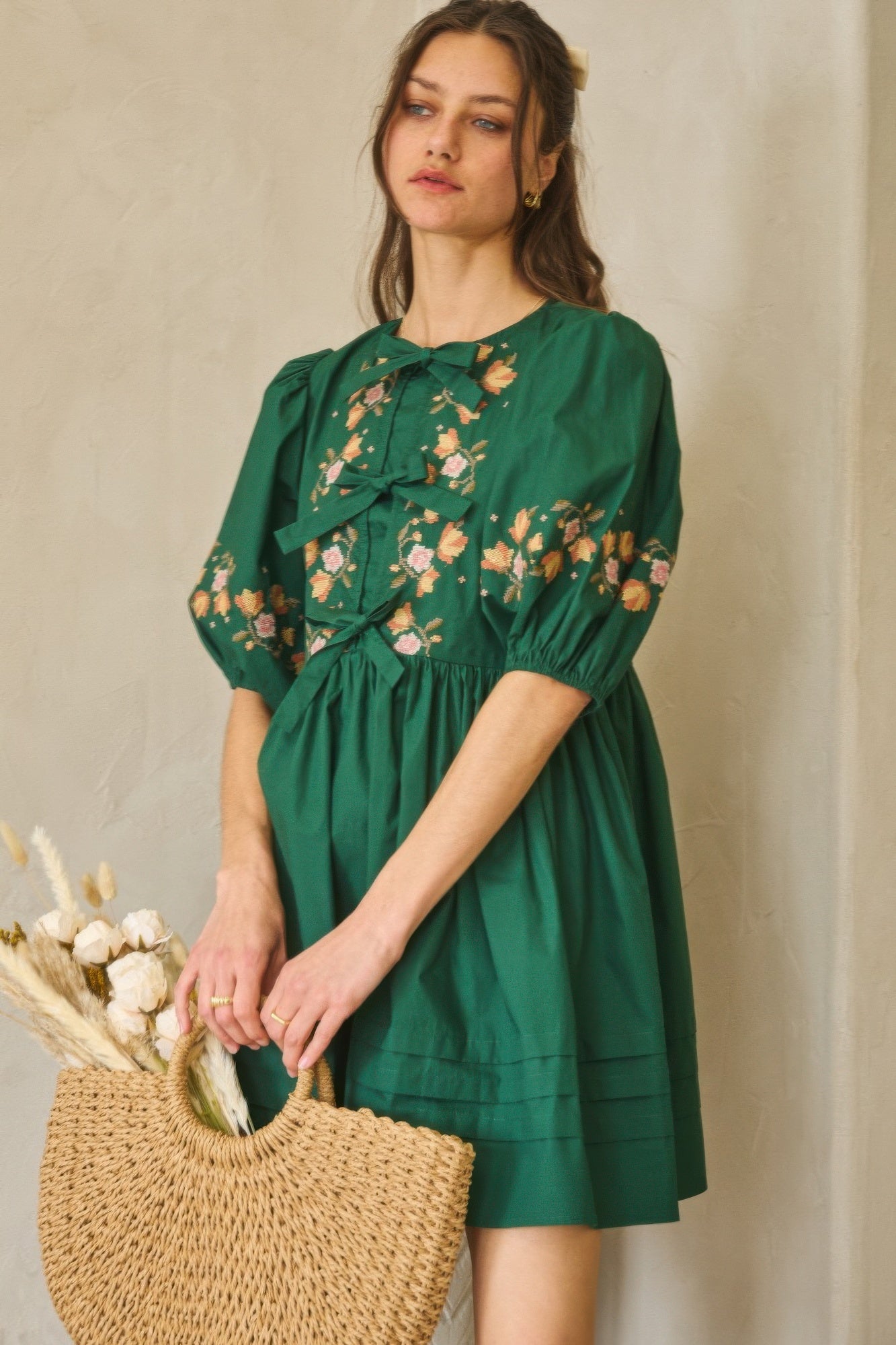 Poplin Front Ribbon Tie Baby Doll Dress