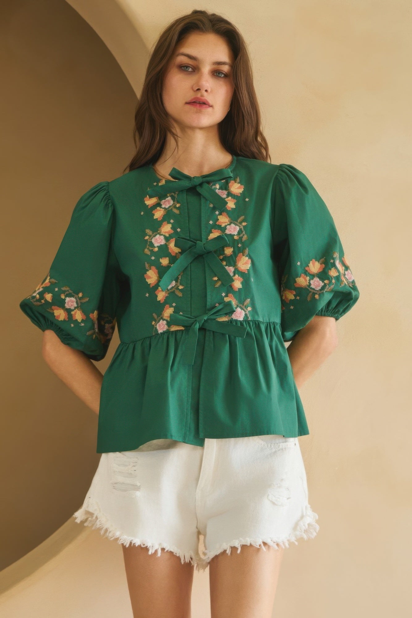Poplin Front Ribbon Tie Blouse   