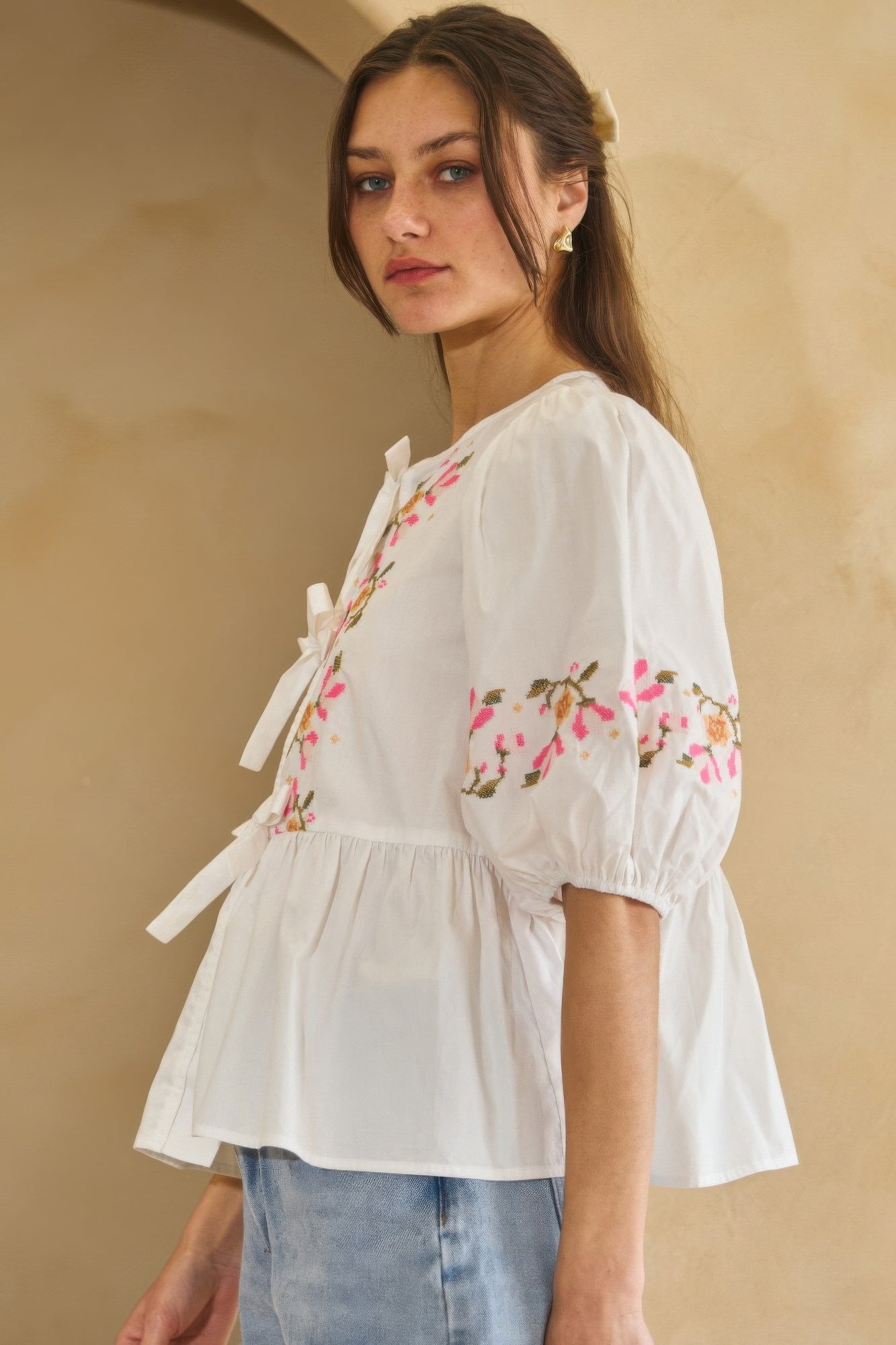 Poplin Front Ribbon Tie Blouse   