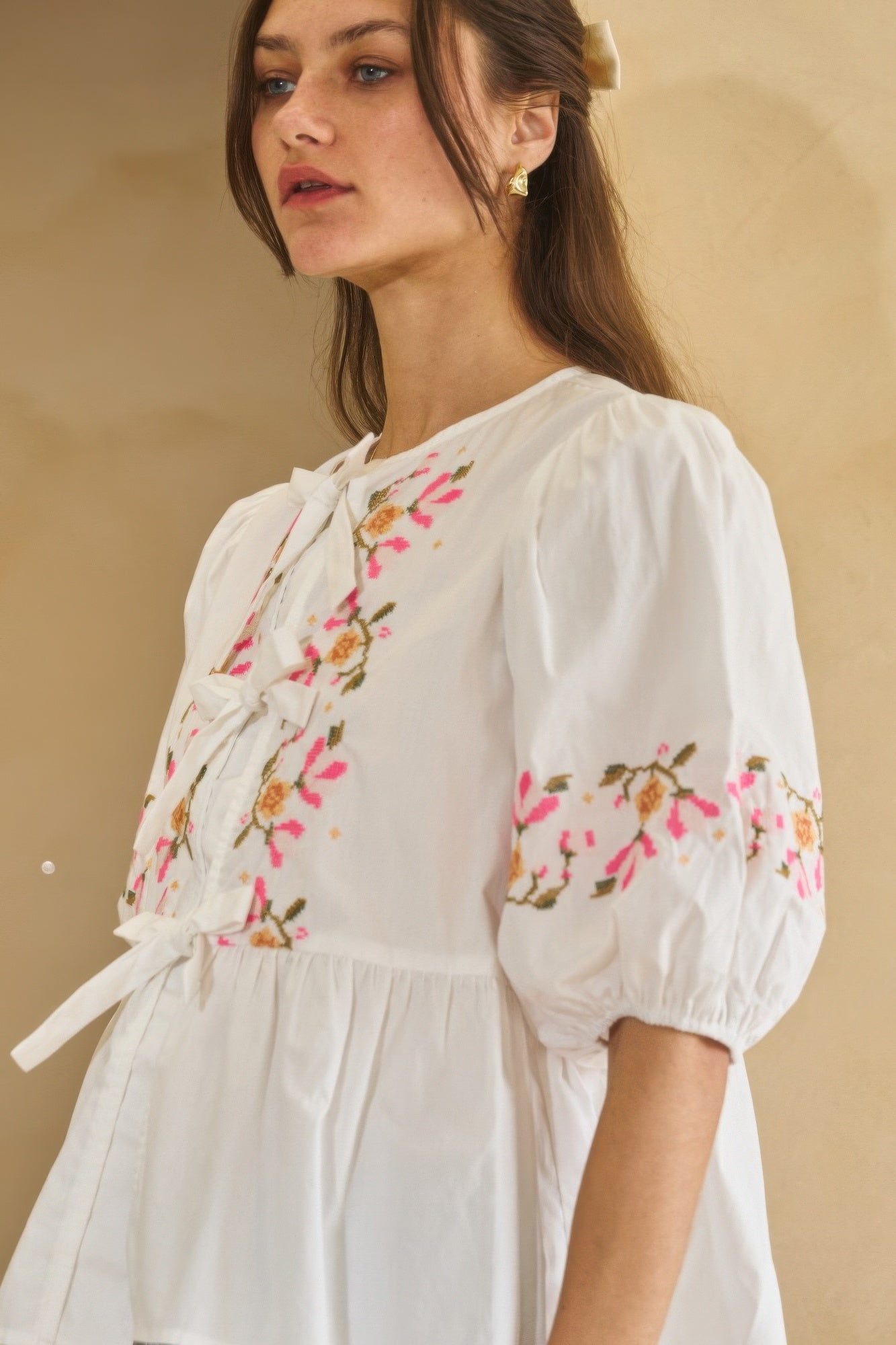 Poplin Front Ribbon Tie Blouse   