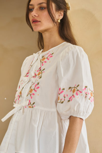Poplin Front Ribbon Tie Blouse   
