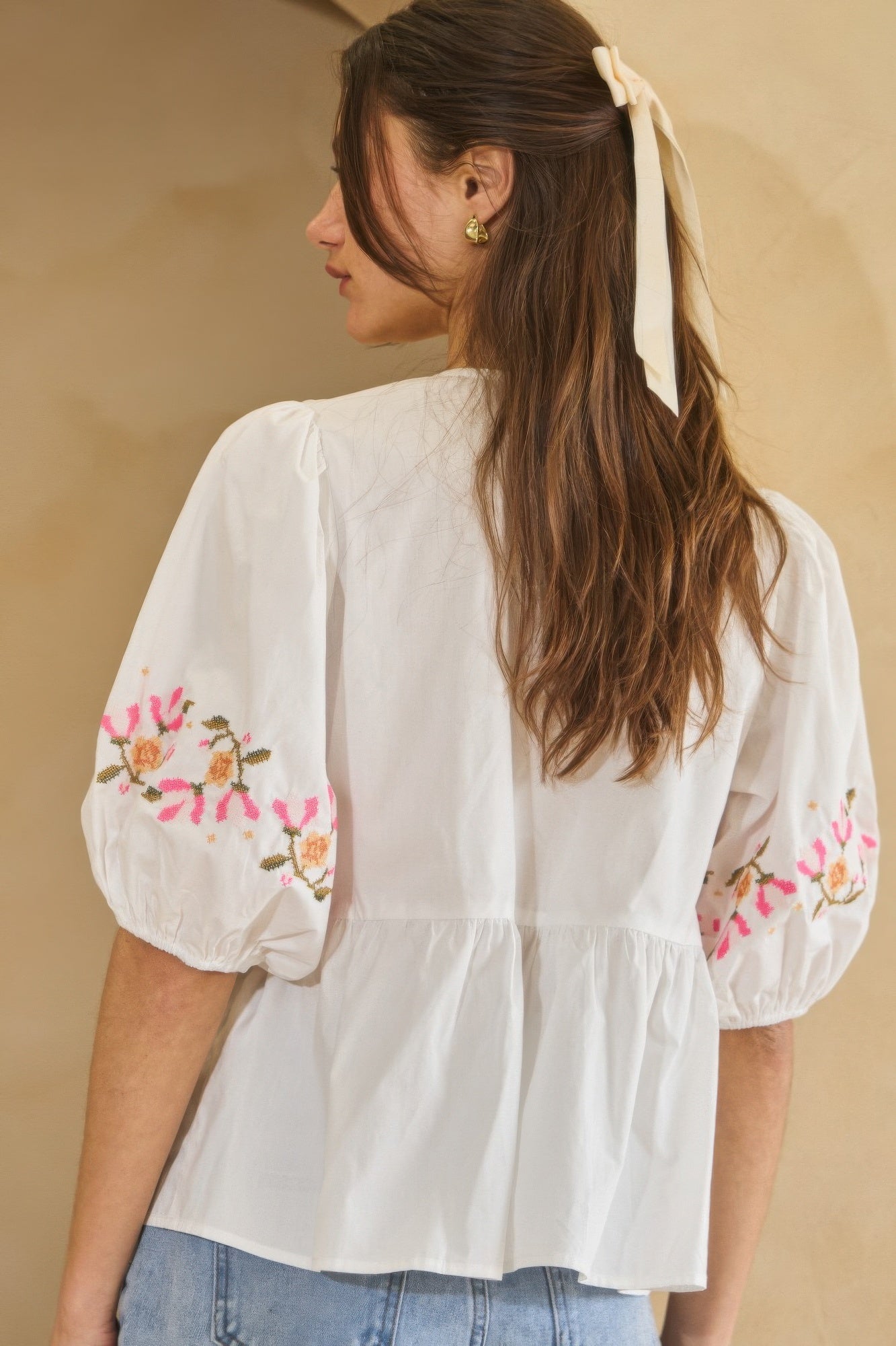 Poplin Front Ribbon Tie Blouse   