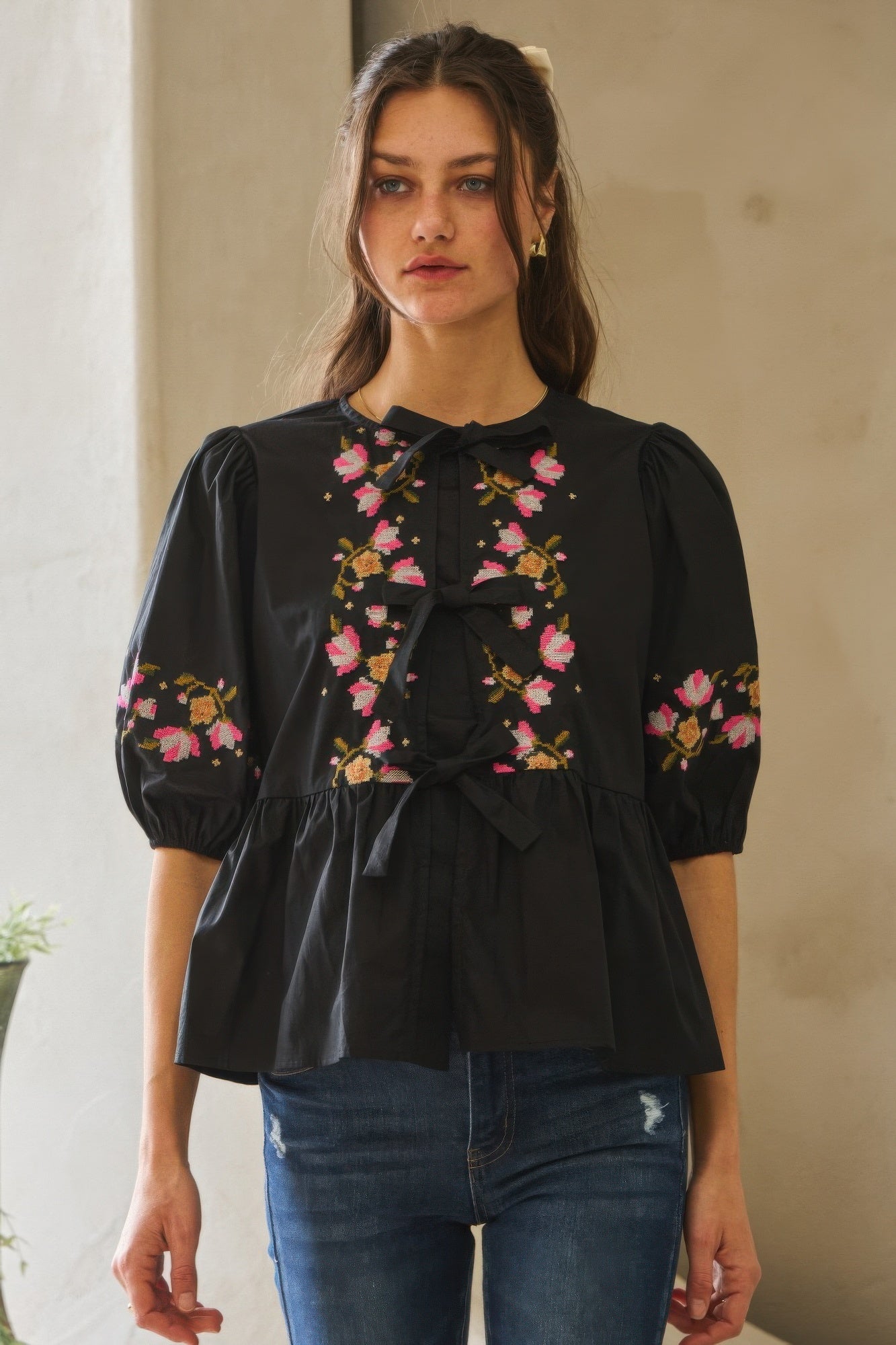 Poplin Front Ribbon Tie Blouse   