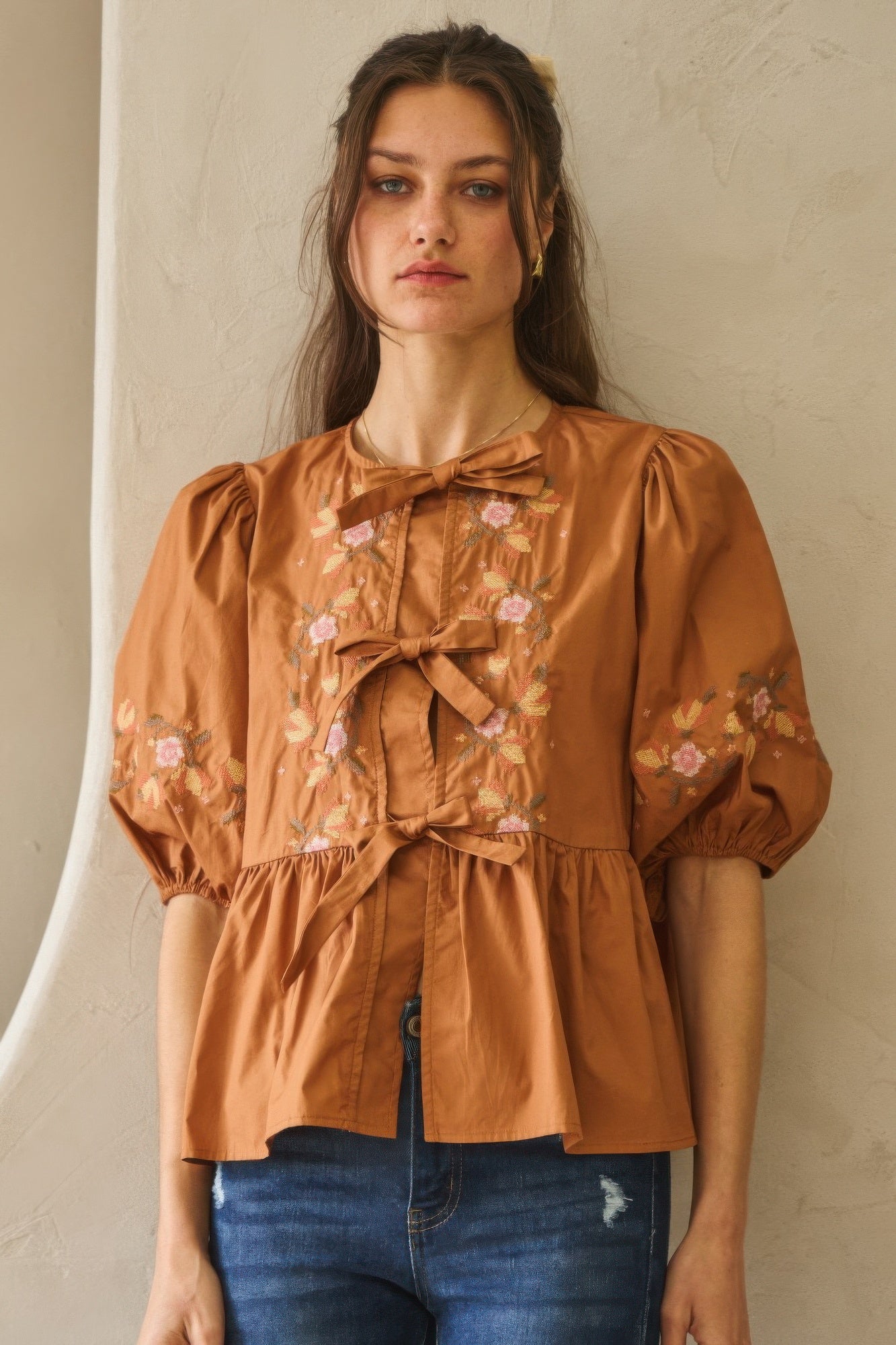 Poplin Front Ribbon Tie Blouse   