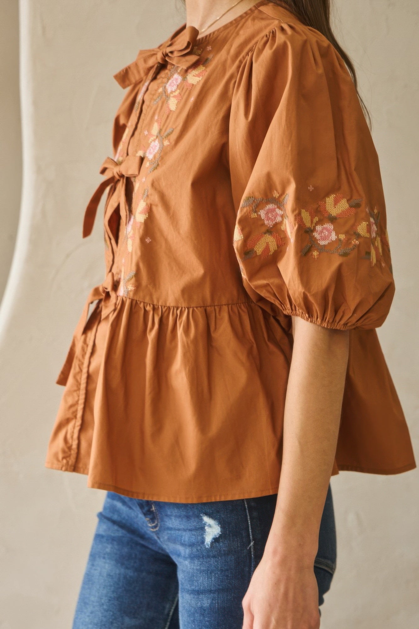Poplin Front Ribbon Tie Blouse   
