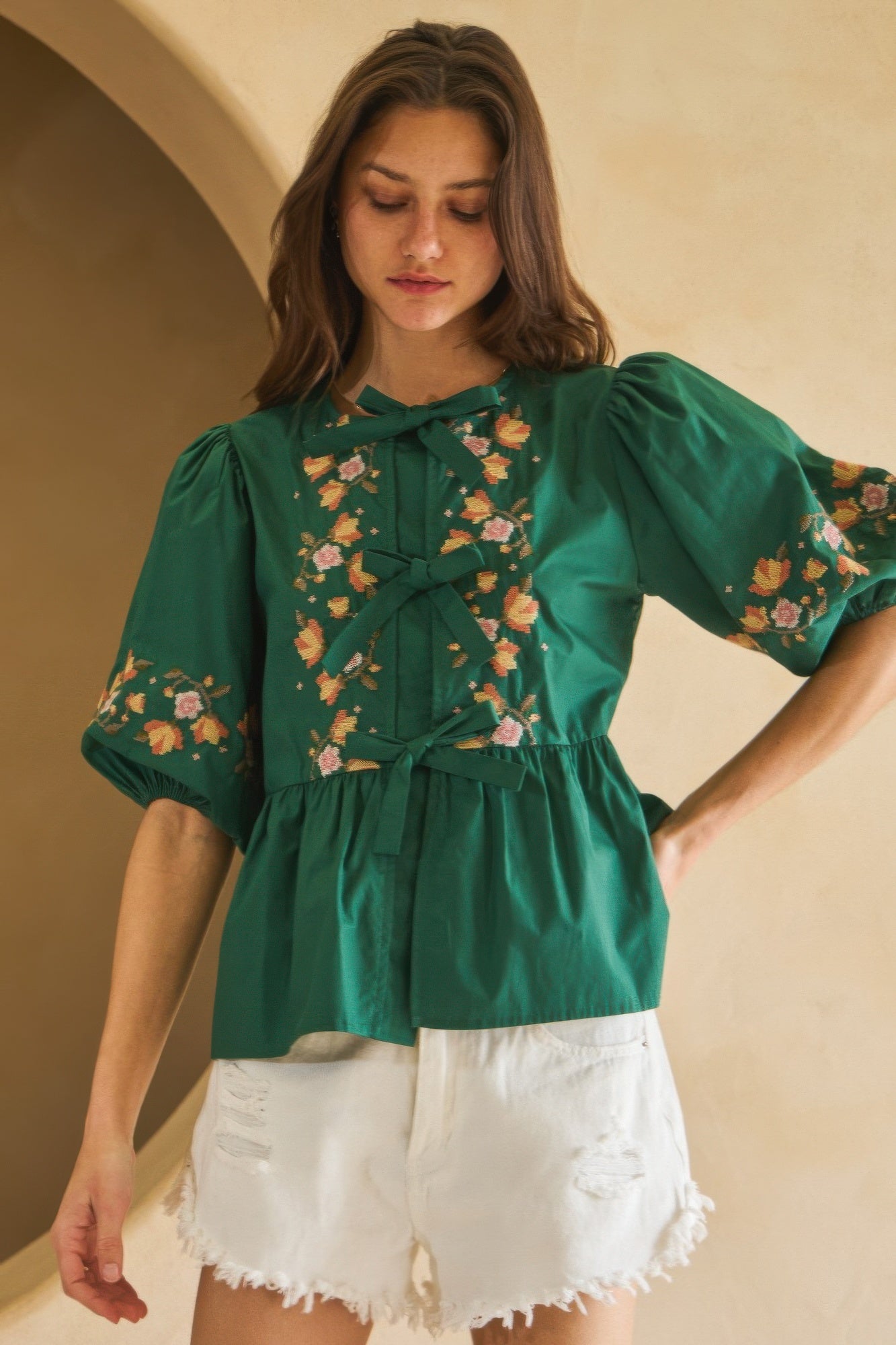 Poplin Front Ribbon Tie Blouse   