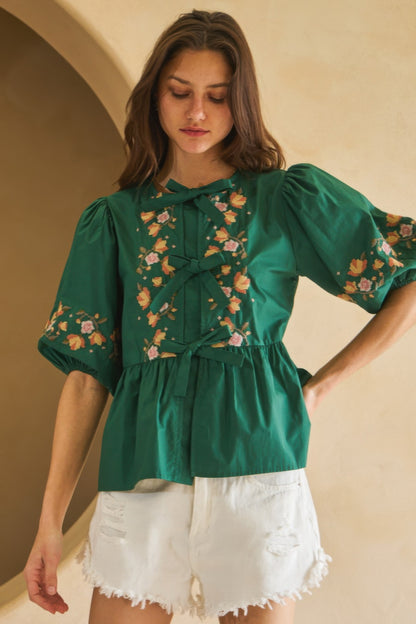 Poplin Front Ribbon Tie Blouse   