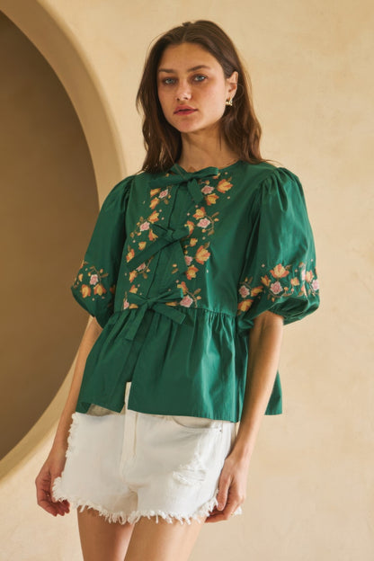 Poplin Front Ribbon Tie Blouse   