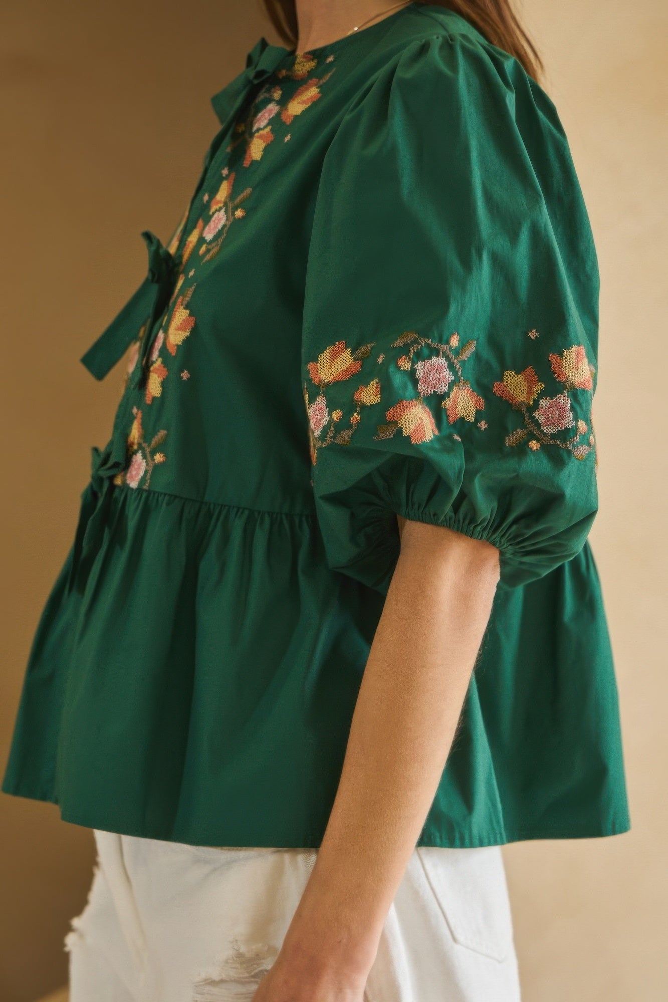 Poplin Front Ribbon Tie Blouse   