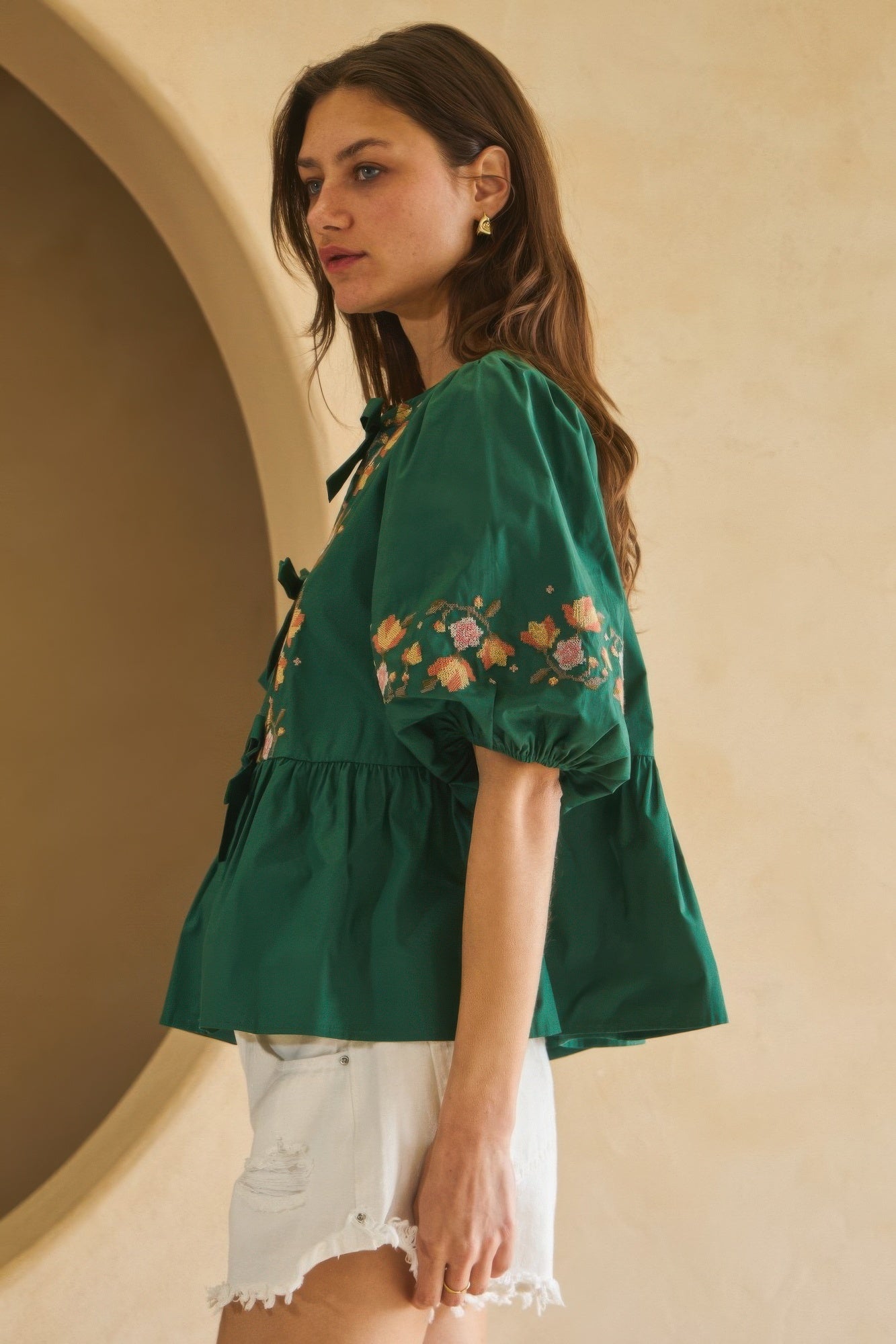 Poplin Front Ribbon Tie Blouse   