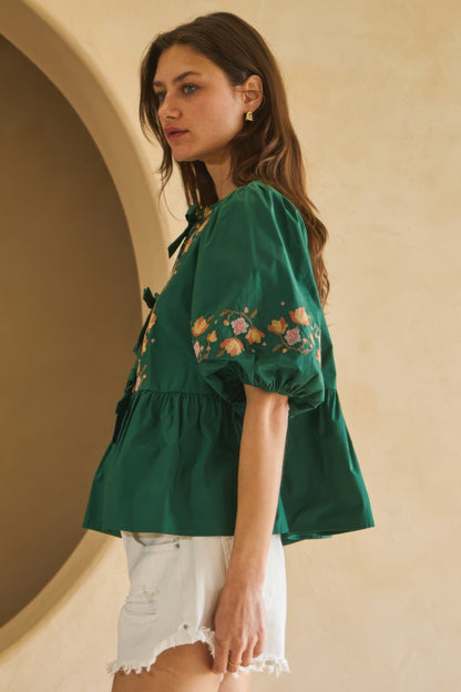 Poplin Front Ribbon Tie Blouse   