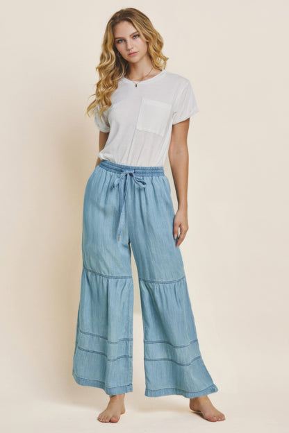 Washed Denim Tiered Wide Leg Pants       