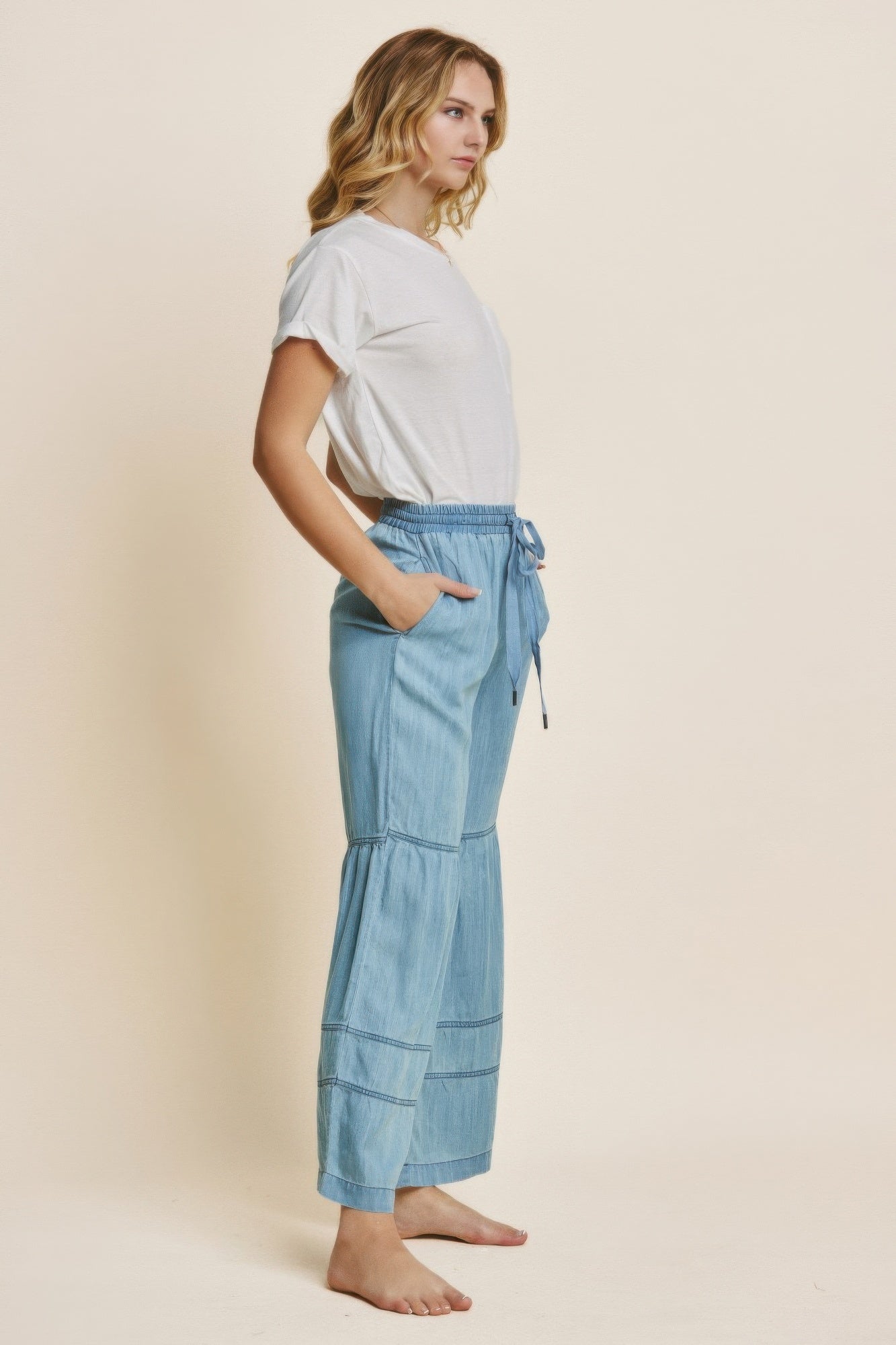 Washed Denim Tiered Wide Leg Pants       
