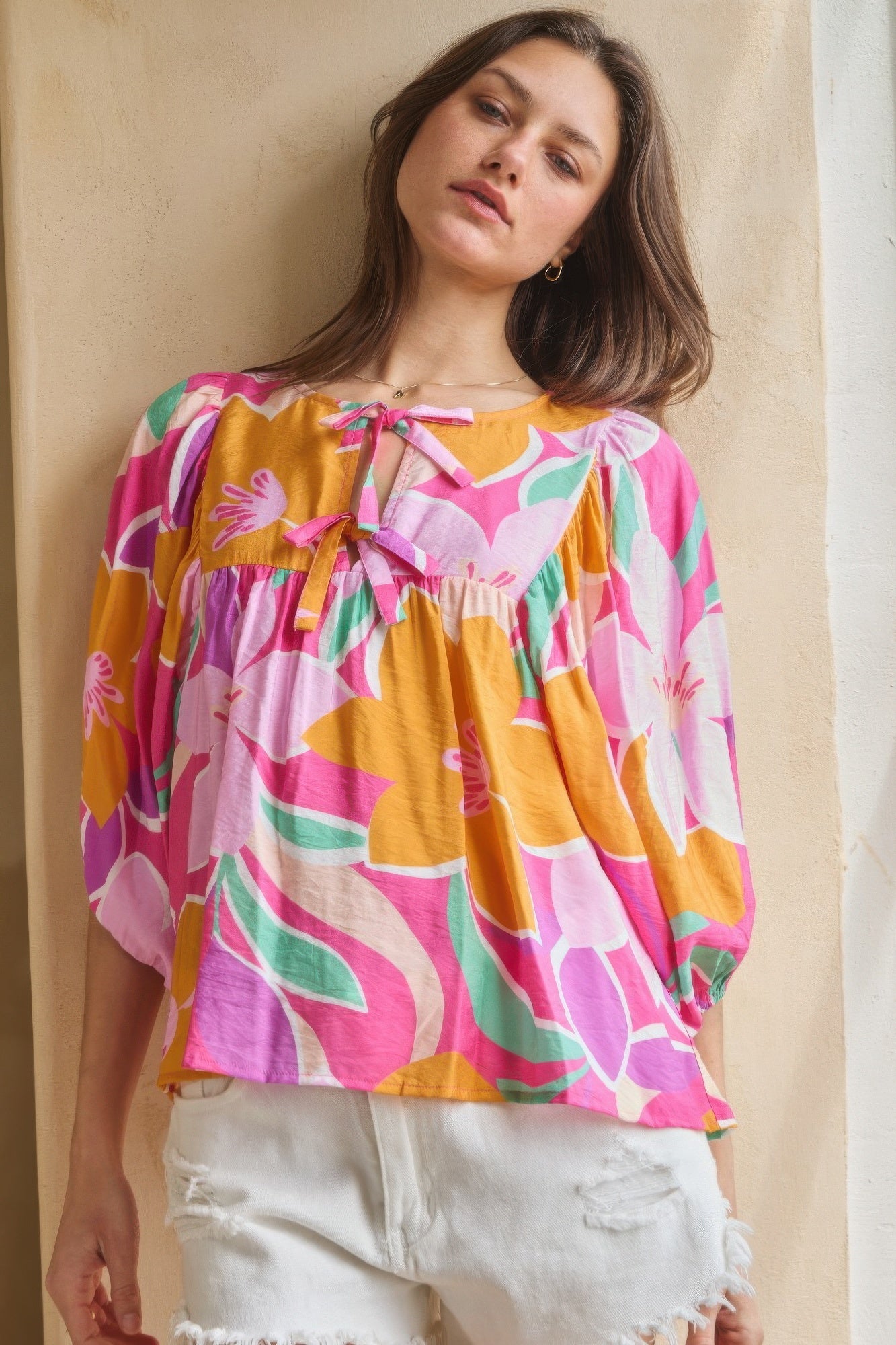 Geo Floral Printed Batwing Sleeve Top            