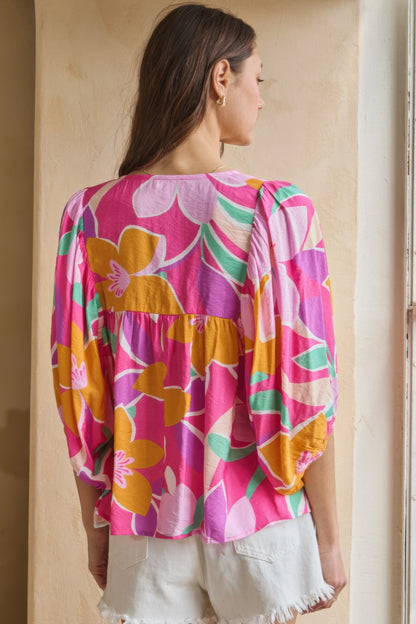 Geo Floral Printed Batwing Sleeve Top            
