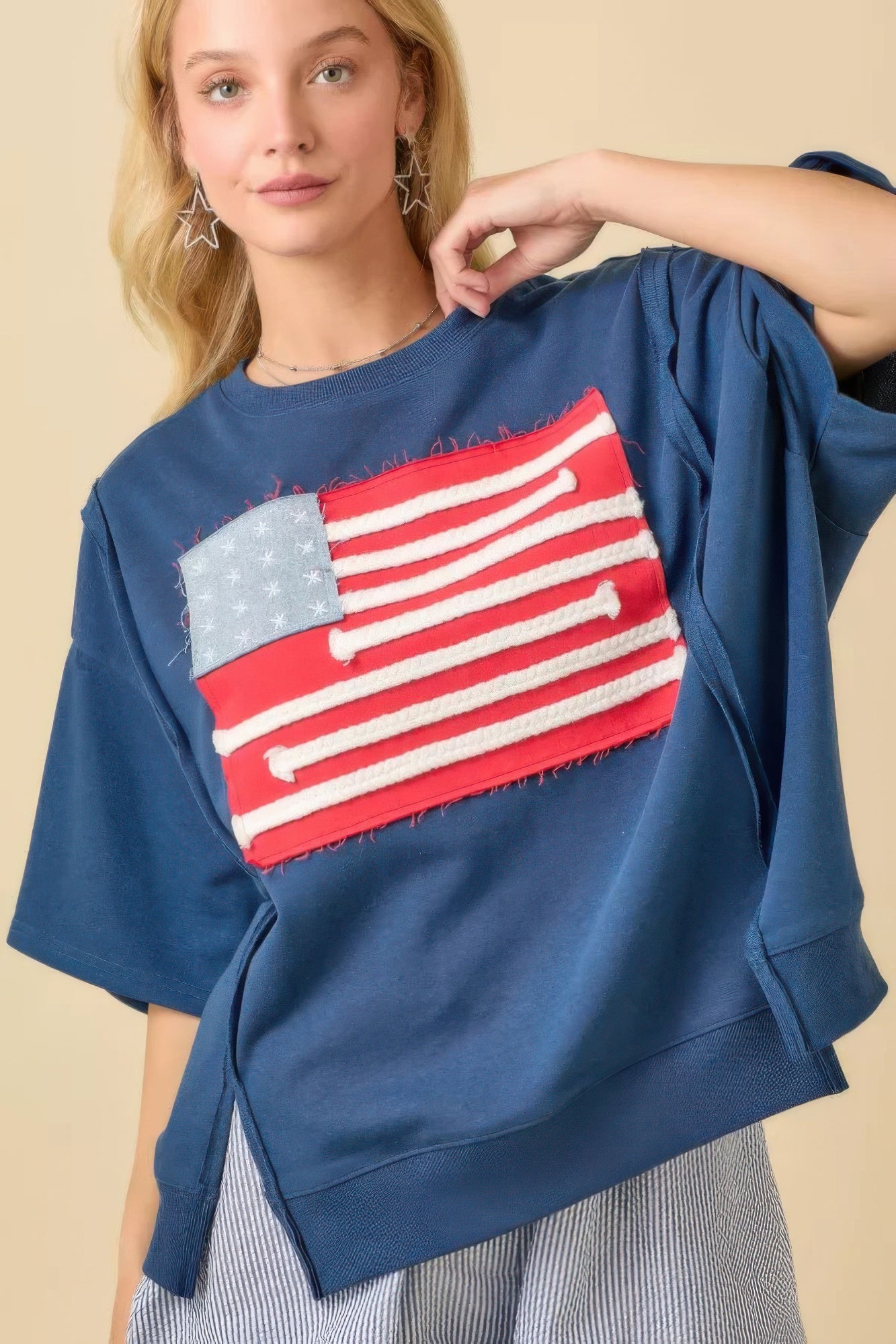 Boxy Wide Top With American Flag Patchwork          