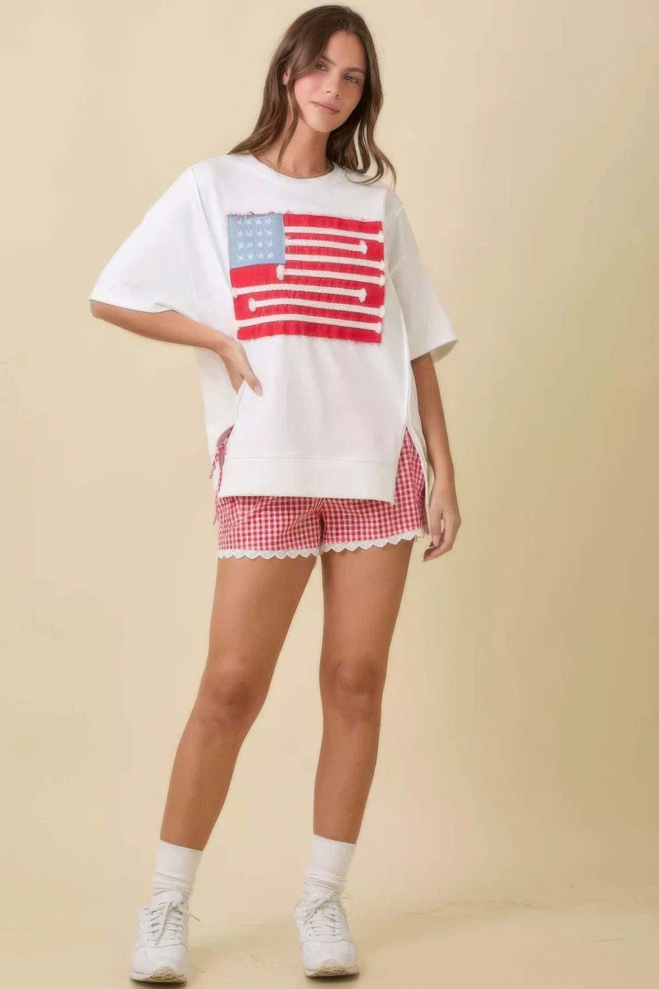 Boxy Wide Top With American Flag Patchwork          