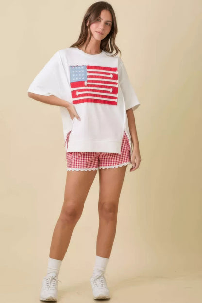 Boxy Wide Top With American Flag Patchwork          