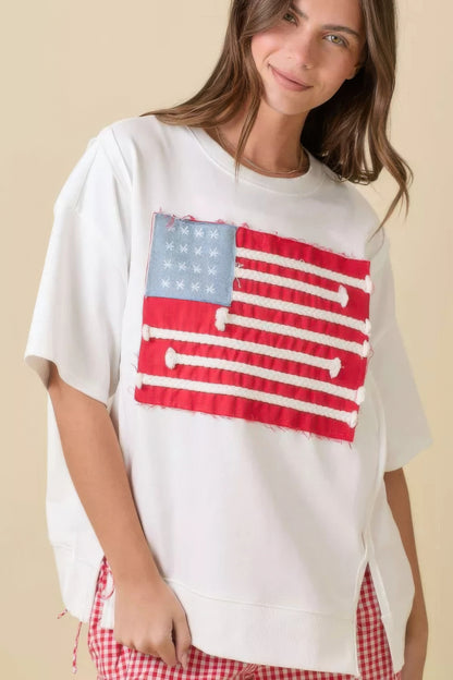 Boxy Wide Top With American Flag Patchwork          