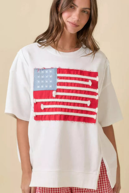 Boxy Wide Top With American Flag Patchwork          