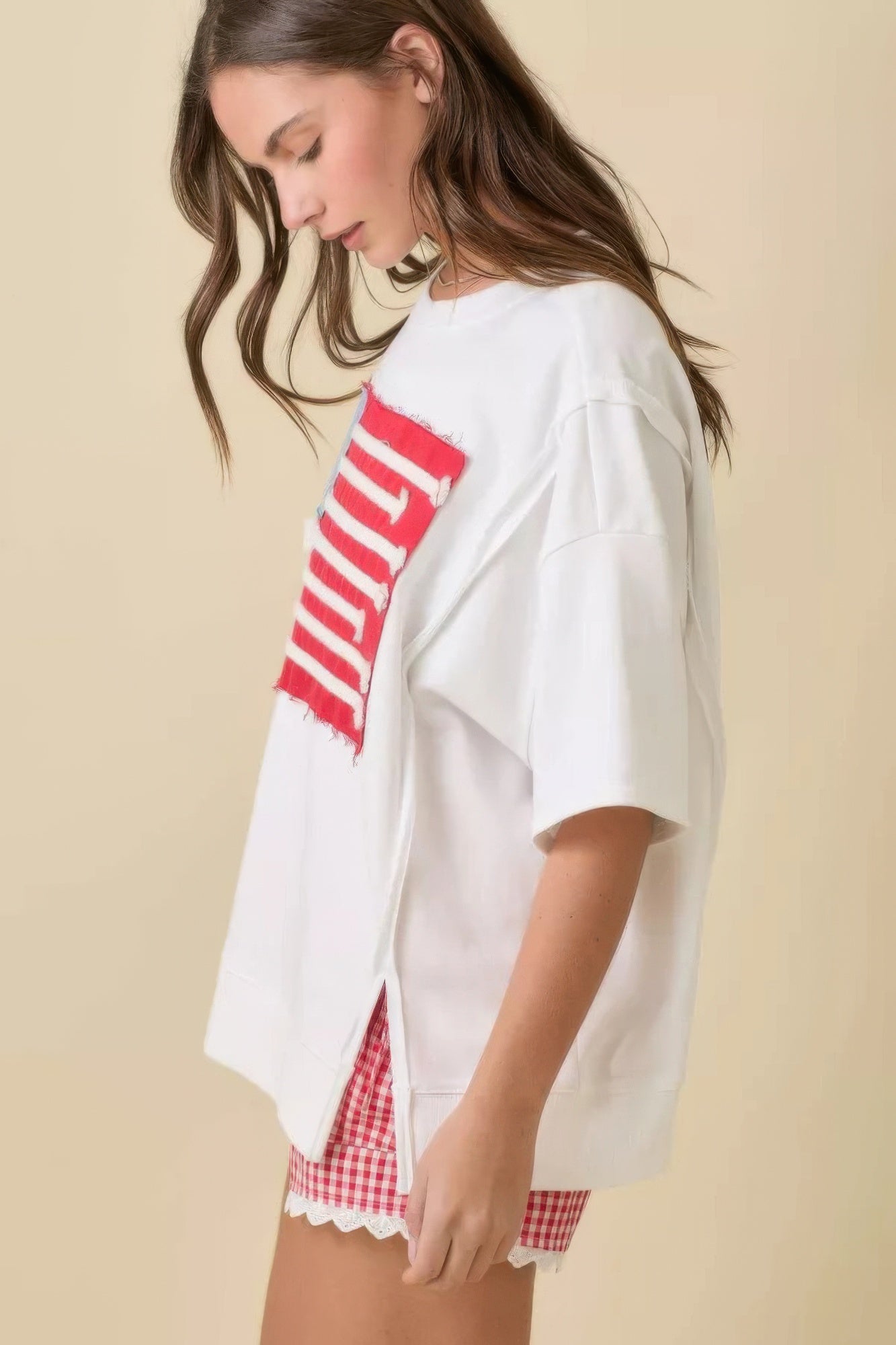 Boxy Wide Top With American Flag Patchwork          