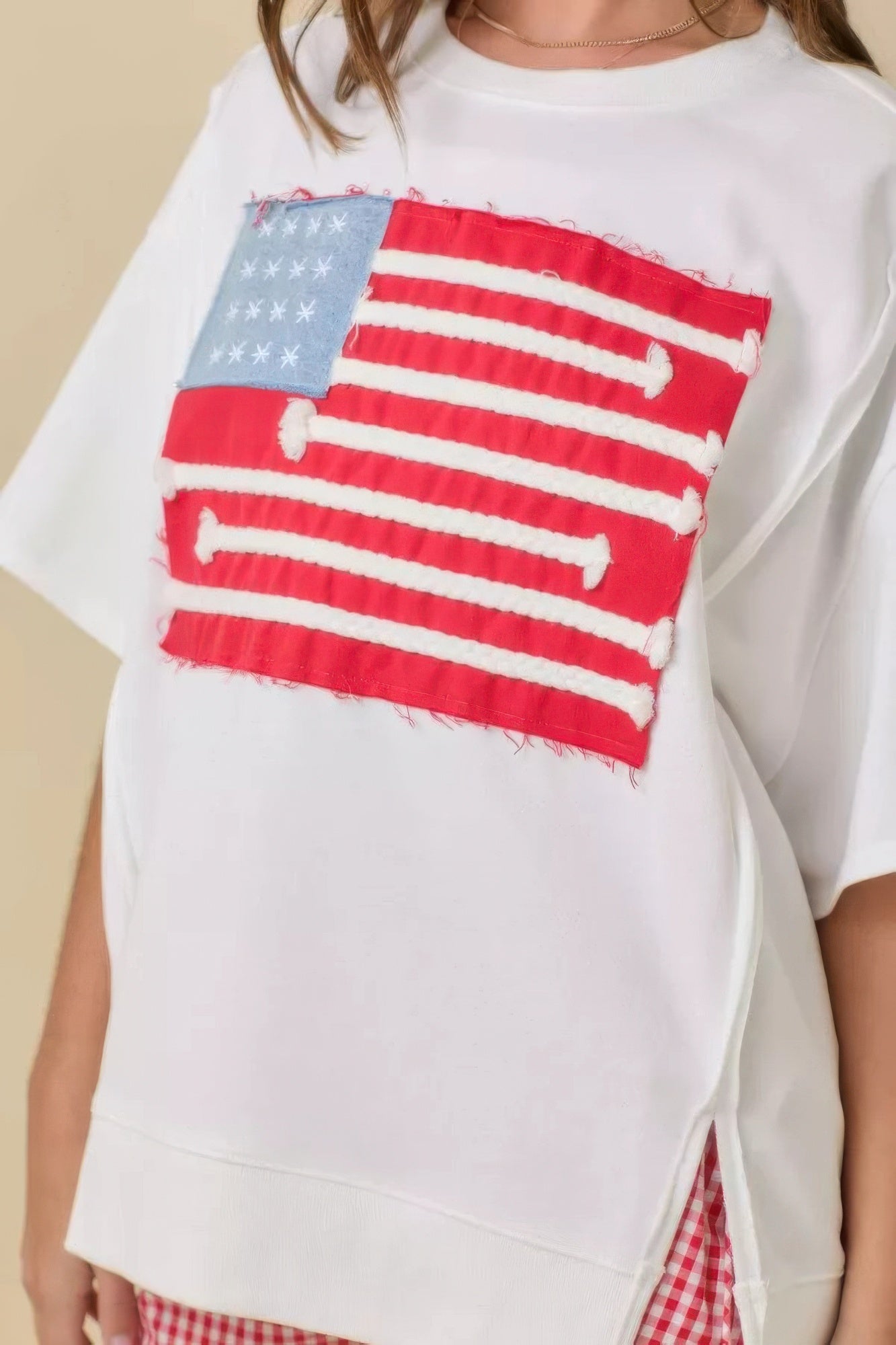 Boxy Wide Top With American Flag Patchwork          