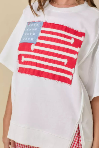 Boxy Wide Top With American Flag Patchwork          